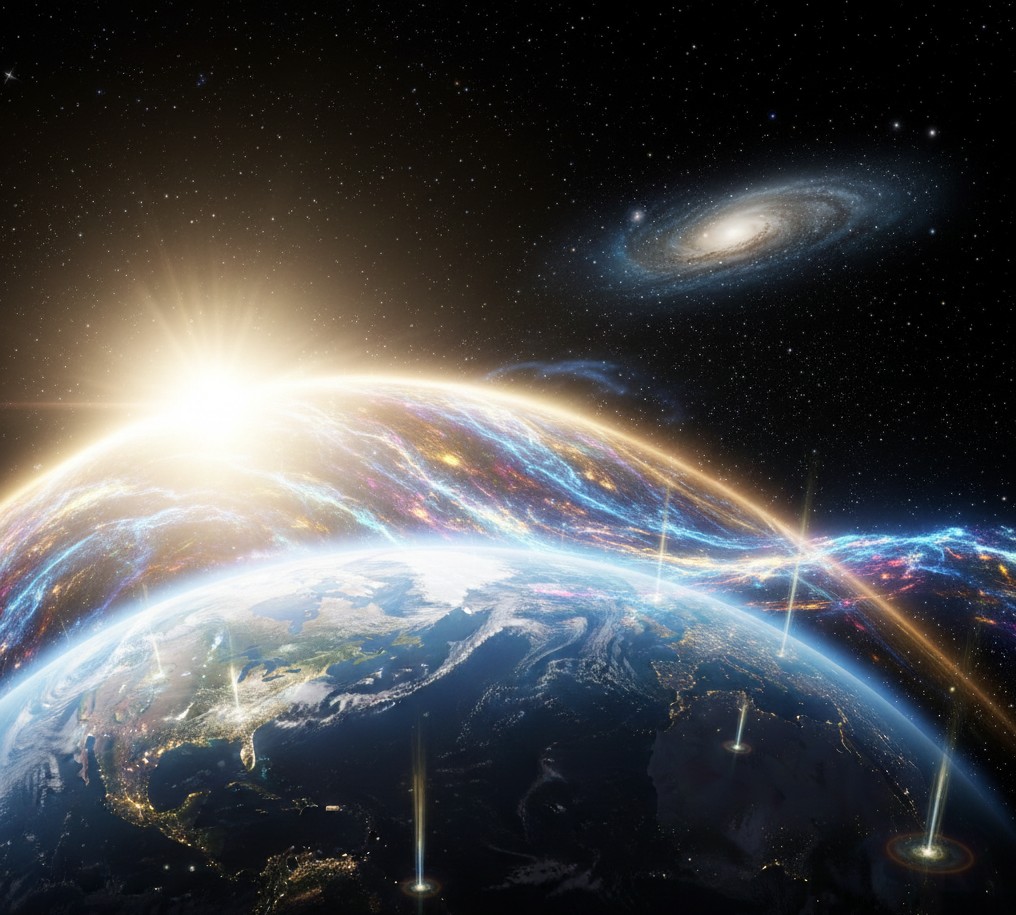 An artistic visualization of Earth from space being enveloped by radiant golden solar energy and light codes from the cosmos.