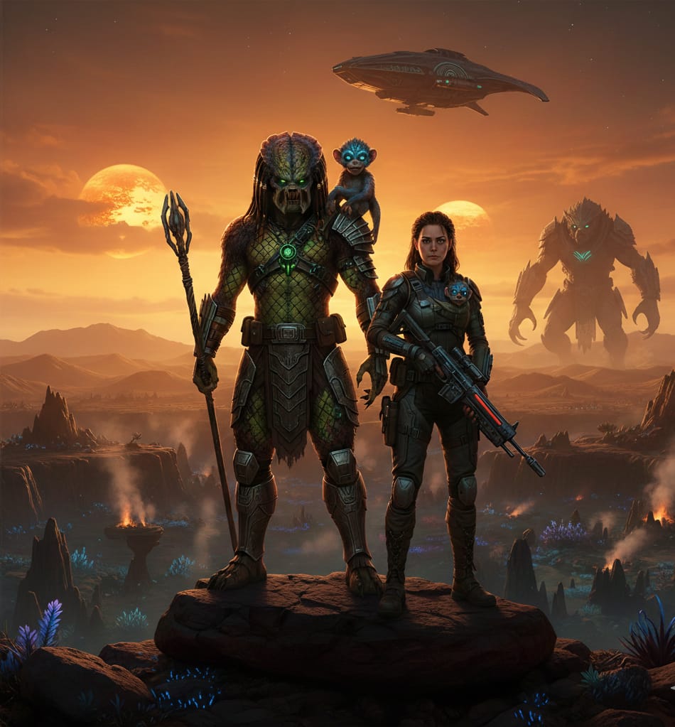 The Trinity of Dek the Yautja, Tia the Human, and Bud the creature standing together as guardians under a starlit sky in the Badlands.