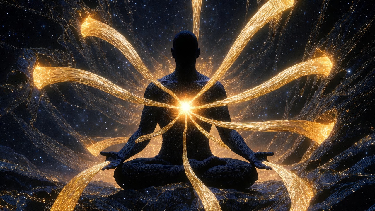 A silhouette of a meditating being made of golden energy and sacred geometry against a dark cosmic background.