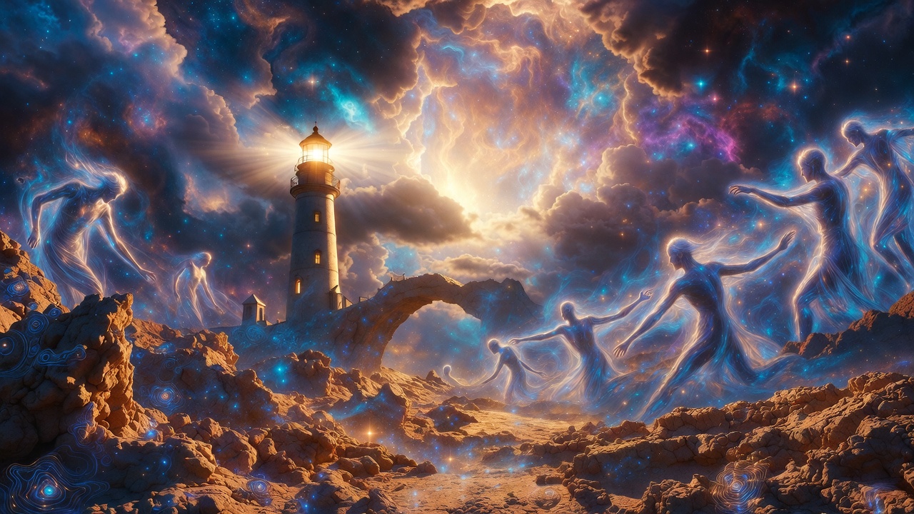 A mystical lighthouse on a rugged cliff emitting a powerful golden beam of light into a swirling cosmic nebula and starry night sky.