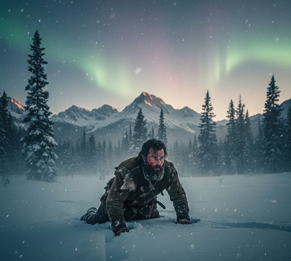 Hugh Glass crawling through the snow under the northern lights.