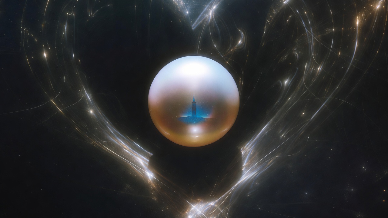 ​A mystical glowing pearl floating in deep space, containing a holographic blue Eiffel Tower within its crystalline sphere, surrounded by nebulae and star clusters.
