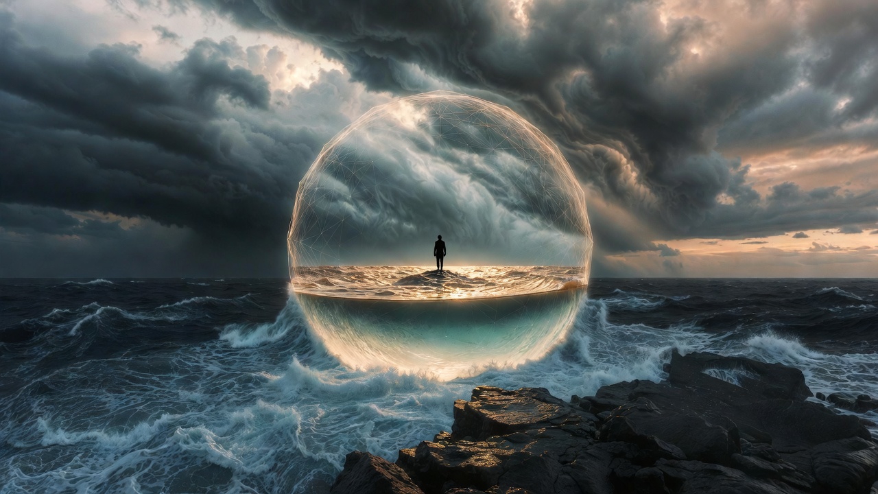 A silhouette of a person standing inside a glowing sphere of light amidst a stormy ocean with large waves.