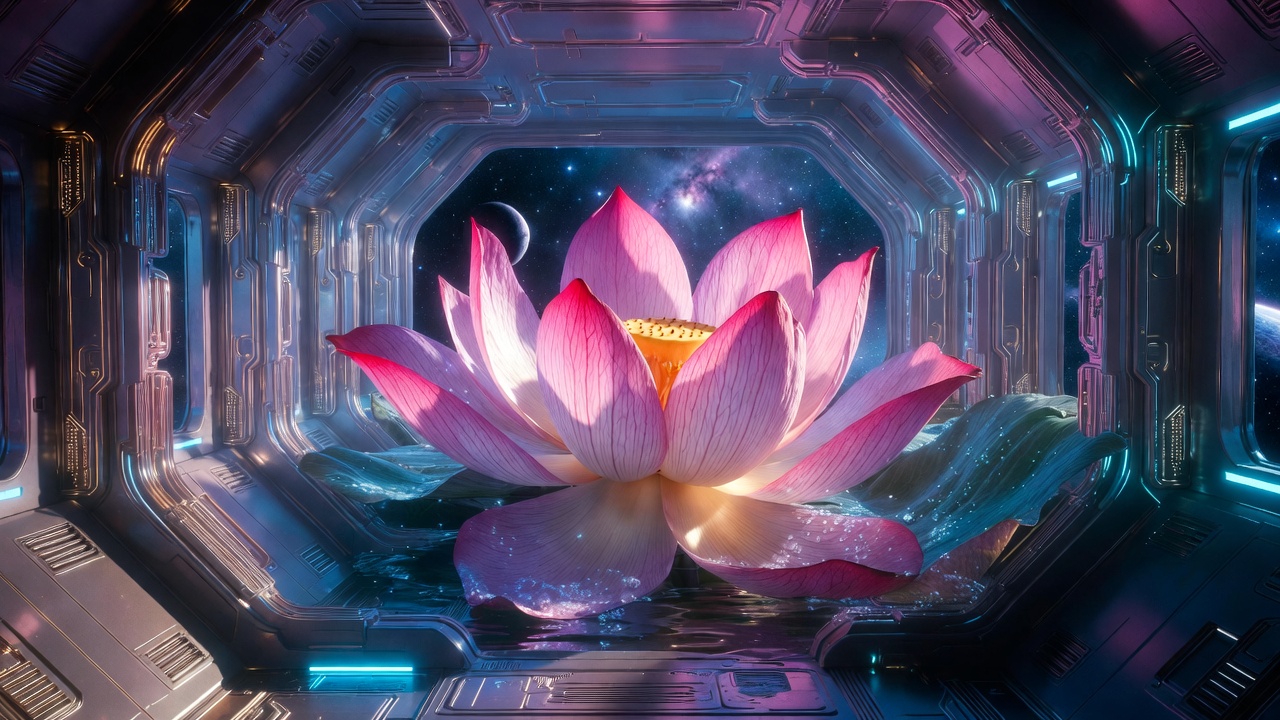 A luminous pink lotus flower blooming in a cosmic, futuristic room inside a starship, symbolizing spiritual enlightenment.