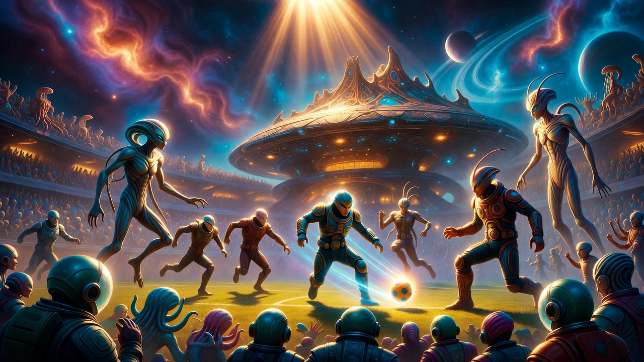 A futuristic football match in space with players in jetpacks playing under a glass dome with a giant planet in the background.
