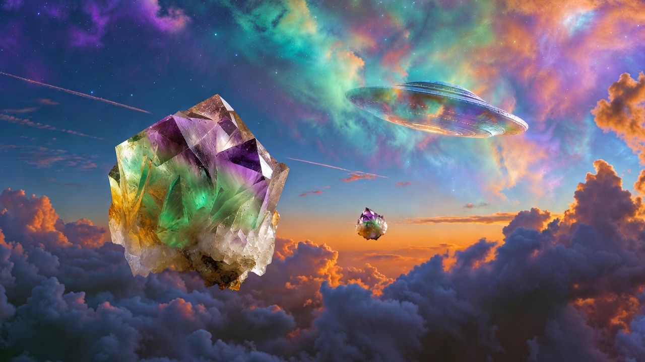 A giant fluorite crystal floating in a cosmic nebula with a spaceship, representing the Third Eye awakening and spiritual guidance.