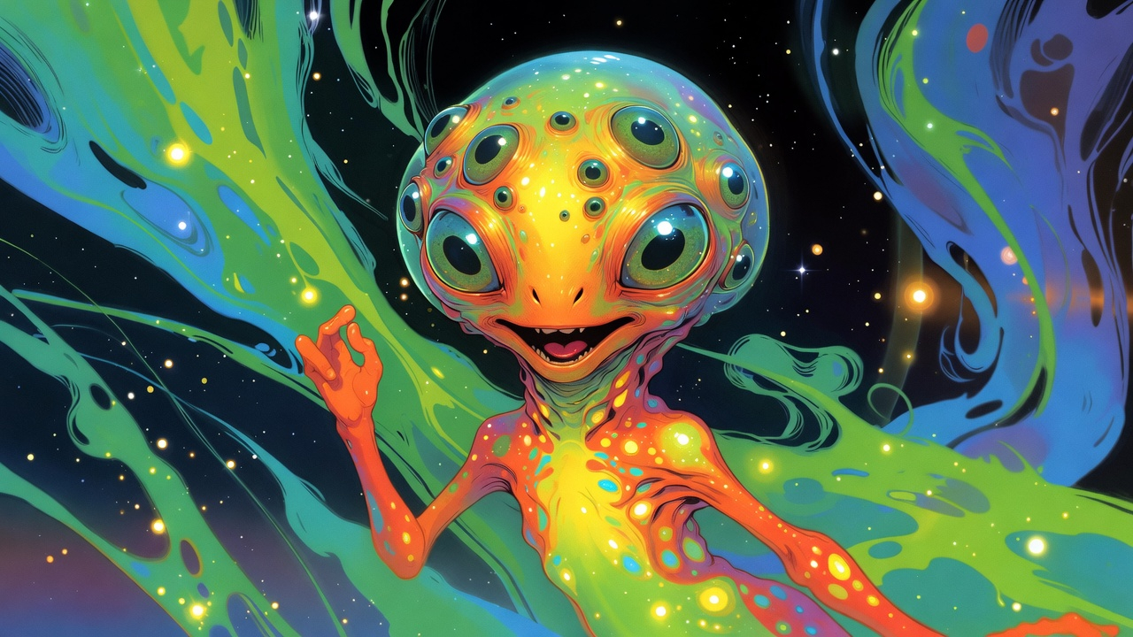 A friendly, colorful extraterrestrial being with large expressive eyes and vibrant orange, yellow, and green skin, gesturing against a cosmic, nebular background.
