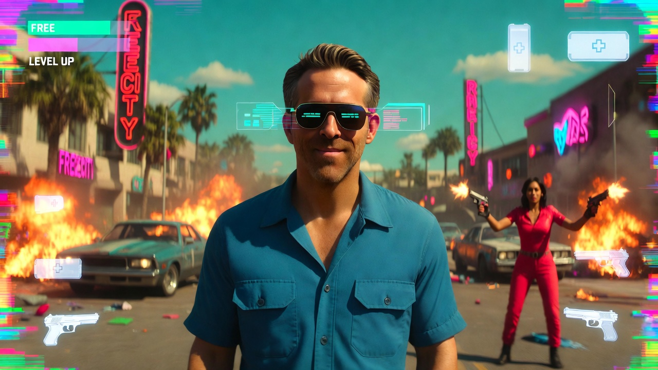 Guy from Free Guy wearing sunglasses, symbolizing the awakening of consciousness and the transition from NPC to Observer.