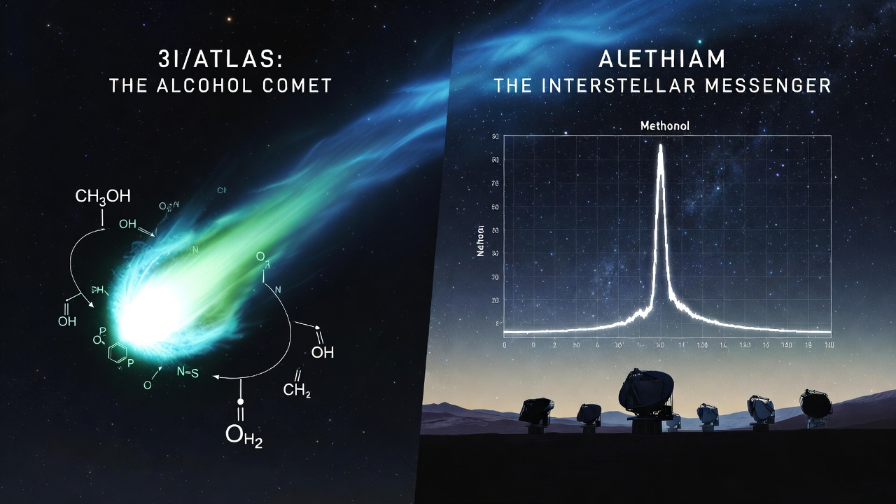 Deep space visualization of Interstellar Comet 3I/ATLAS with methanol spectral data and ALMA telescope antennas.