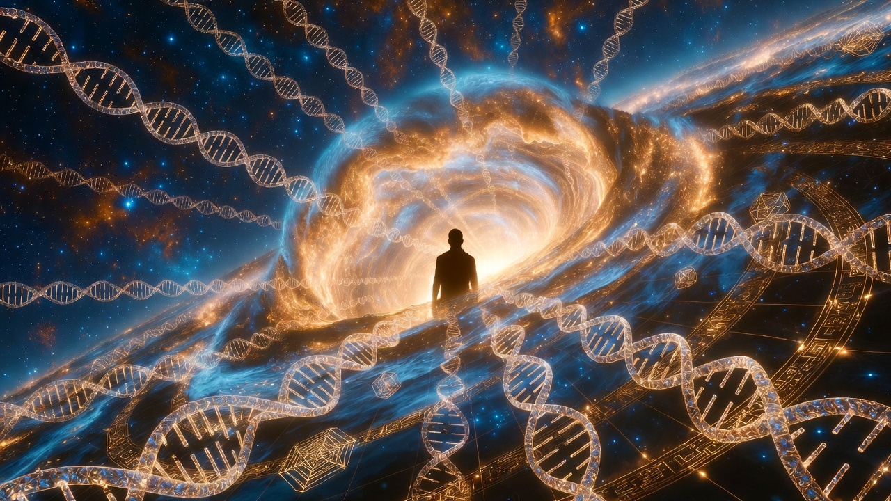 A digital art illustration of a human silhouette standing before a massive golden cosmic portal with DNA helix strands, representing 5D ascension symptoms and lightbody activation.