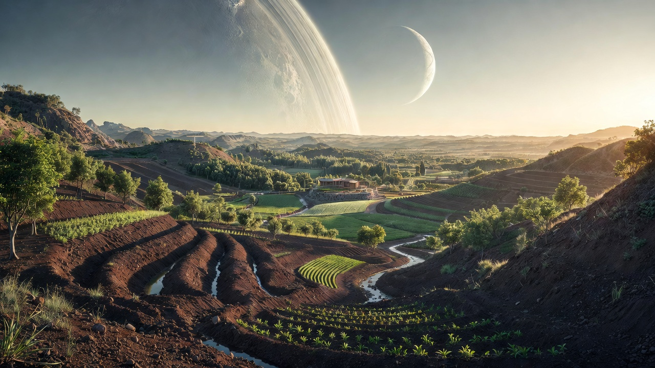 Gabriel’s story of regenerative design and radical hope: lush green permaculture landscape with water swales under a cosmic sky.
