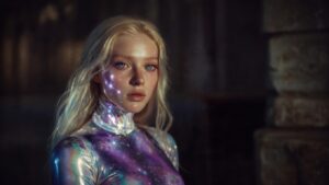 A close-up portrait of a Pleiadian starseed woman with glowing blue eyes and celestial constellation birthmarks on her face, symbolizing 5D ascension and galactic awakening.