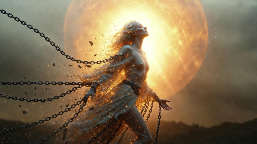 A spiritual figure breaking free from heavy dark chains, transforming into light against a radiant golden sun background, symbolizing the ascension journey and releasing pain.