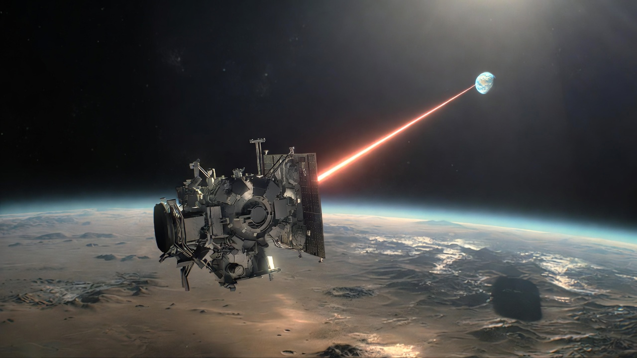 NASA spacecraft in orbit around Mars transmitting a 100 Mbps laser beam towards Earth.