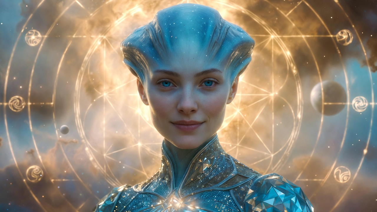 Digital portrait of an Arcturian extraterrestrial being with blue skin and glowing light background for Oversoul Upgrades article.