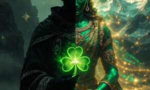 ​A mystical double exposure of Saint Patrick holding a glowing shamrock merged with the ethereal figure of Green Tara.