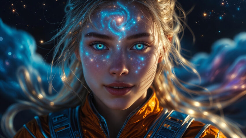 Ethereal portrait of a Pleiadian starseed woman with glowing blue eyes and cosmic energy patterns on her face.