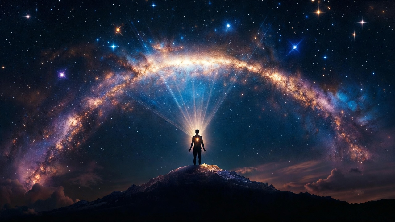 Human silhouette standing on a mountain under a glowing galaxy, representing Source Energy and spiritual mastery.