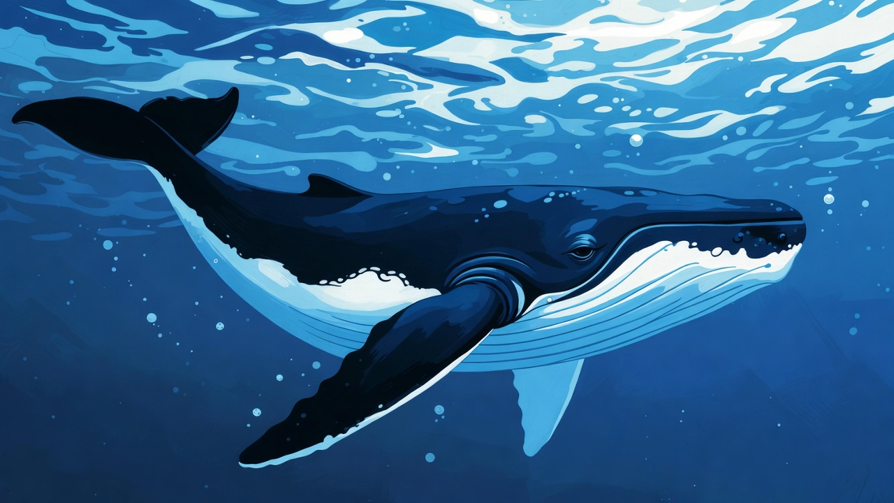 ​A majestic humpback whale swimming gracefully just beneath the surface of crystal-clear blue ocean water, with sunlight refracting through the waves