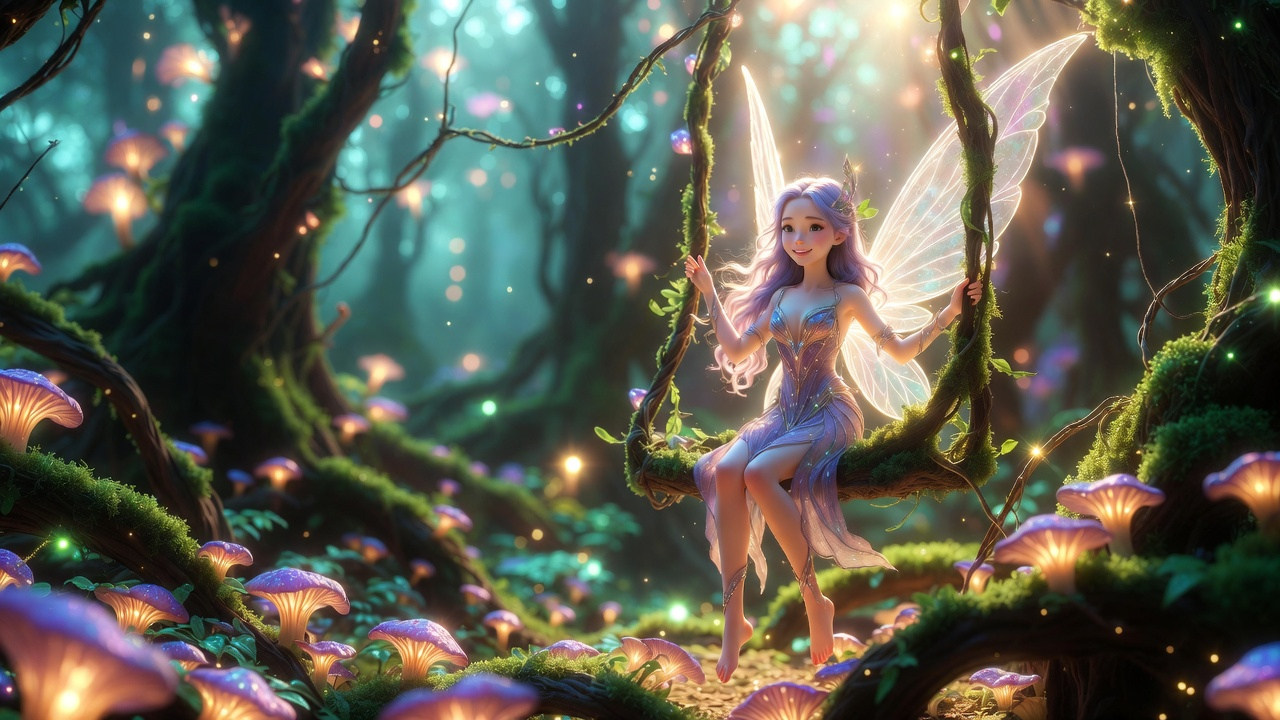 A mystical fairy with translucent wings sitting on a natural vine swing in an enchanted forest filled with glowing mushrooms and golden sunlight.