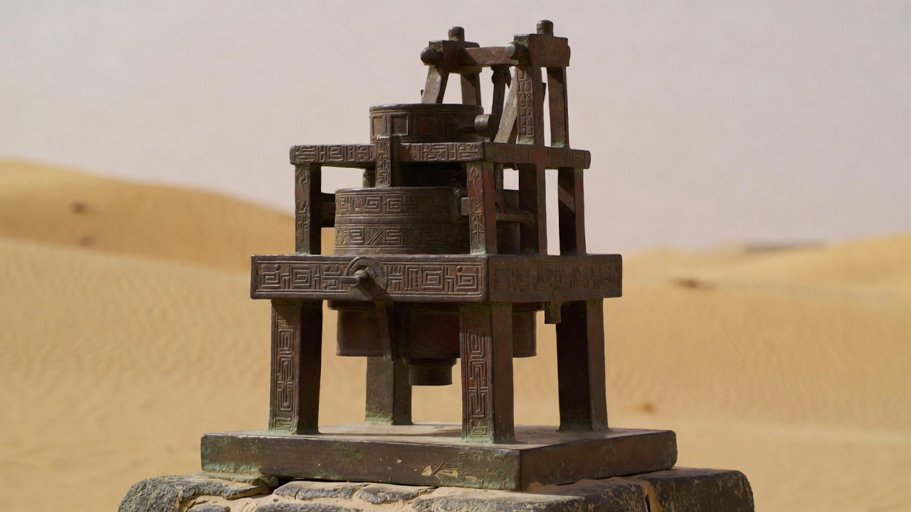 Reconstructed Pre-Dynastic Egyptian copper drilling machine in a desert setting, illustrating ancient engineering and stone-cutting technology.