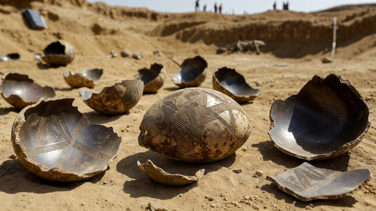 Engraved ostrich eggshell fragments from Diepkloof Rock Shelter, South Africa, 60,000 years old.