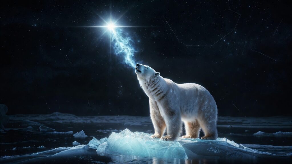 Ursa Minor constellation and Polaris star DNA activation with a polar bear.
