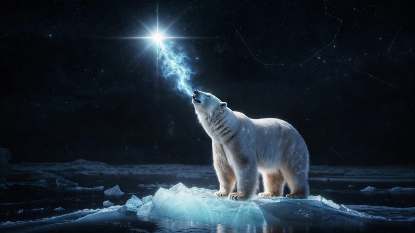 Ursa Minor constellation and Polaris star DNA activation with a polar bear.