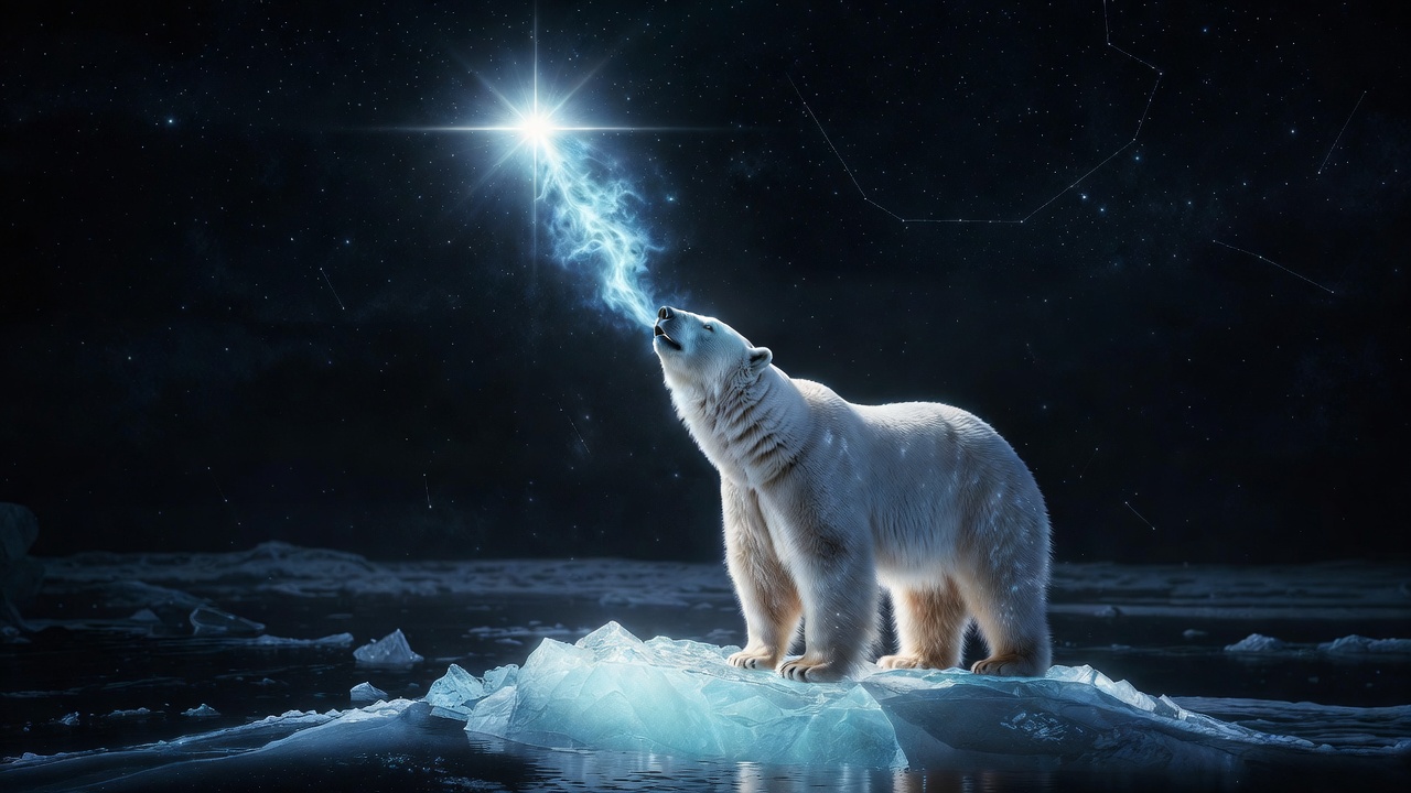Ursa Minor constellation and Polaris star DNA activation with a polar bear.