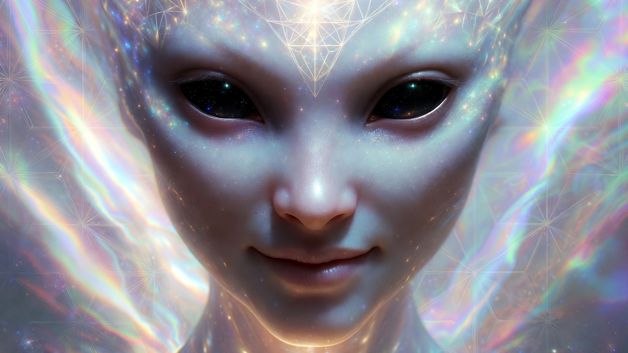 An ethereal, high-frequency extraterrestrial being from the Sassani civilization with deep black eyes and glowing silver skin, radiating peace, love, and absolute tenderness.